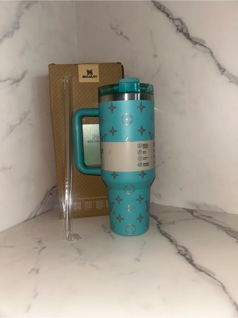 Stanley Blue 40 oz Tumbler with Silver Monogram Accents - Picture 3 of 3